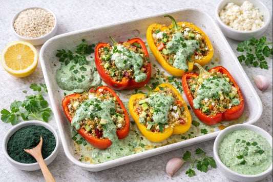 Gevulde Paprika’s met Quinoa, Groenten & Romige Spirulina-Saus