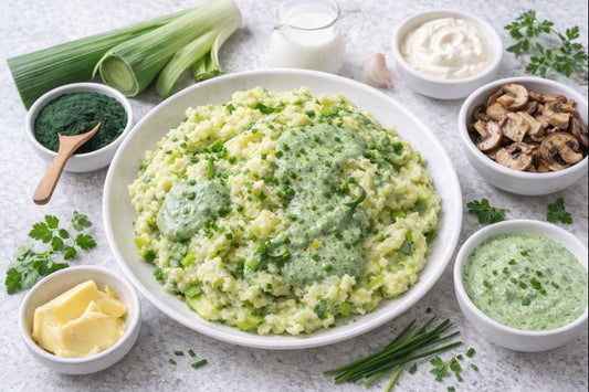 Romige Aardappelpuree met Prei & Spirulina-Mosterdsaus