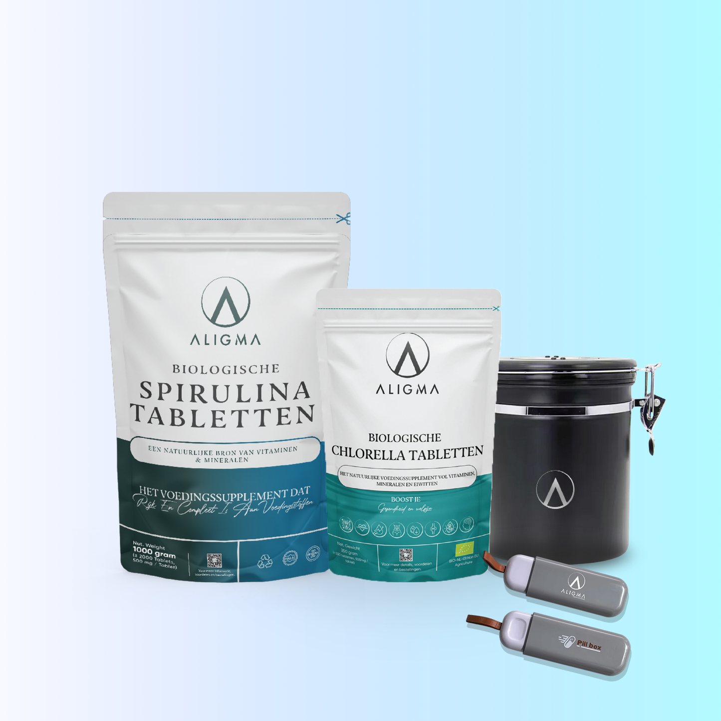 Get well soon bundel - Spirulina & Chlorella + Bewaarpot en tablethouder
