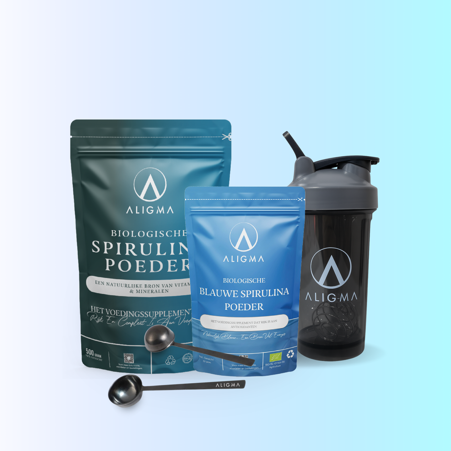 Biologische Spirulina Bundel – Groen & Blauw + Shaker & Maatschepjes