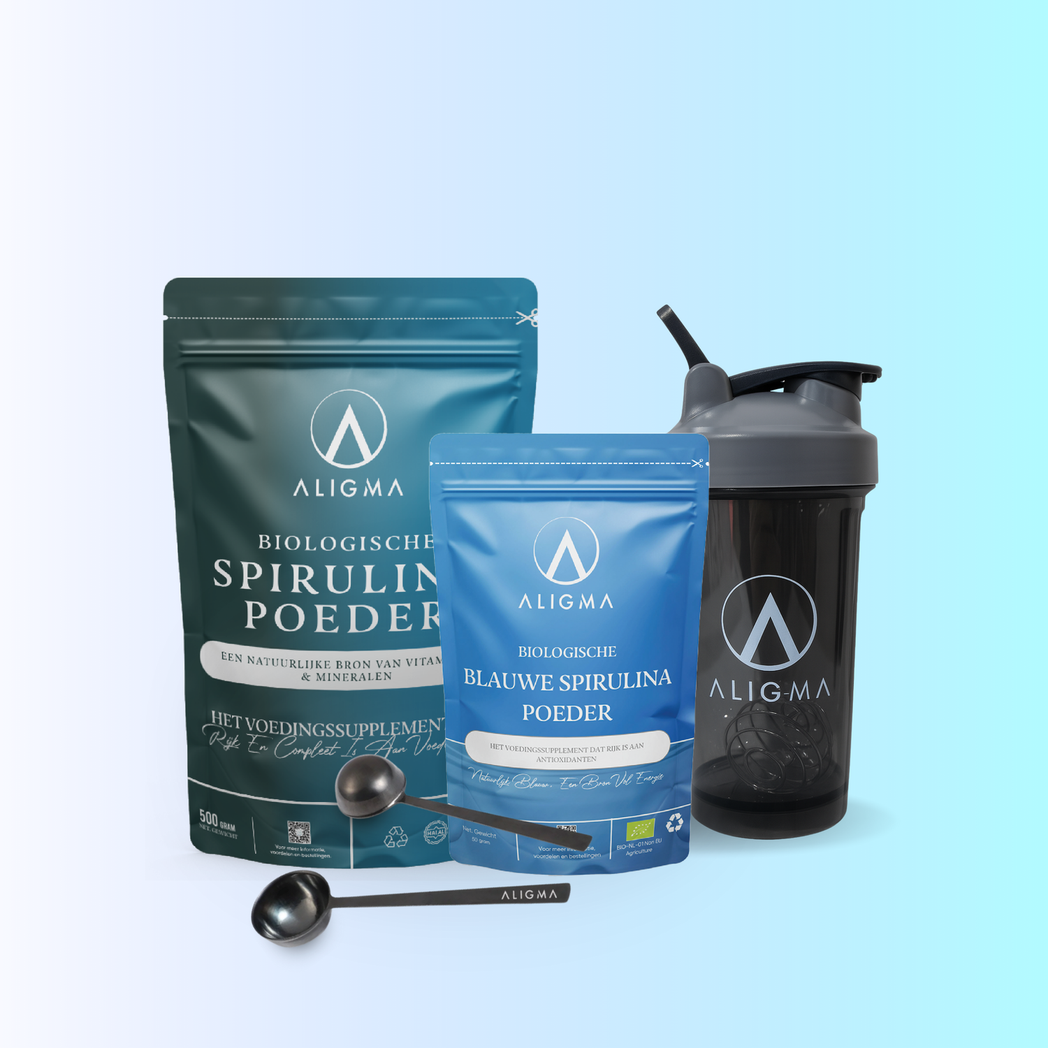 Biologische Spirulina Bundel – Groen & Blauw + Shaker & Maatschepjes