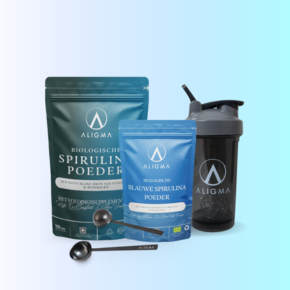Biologische Spirulina Bundel – Groen & Blauw + Shaker & Maatschepjes