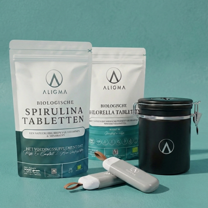 Gute Besserung Paket - Spirulina & Chlorella + Aufbewahrungsglas und Tablettenhalter